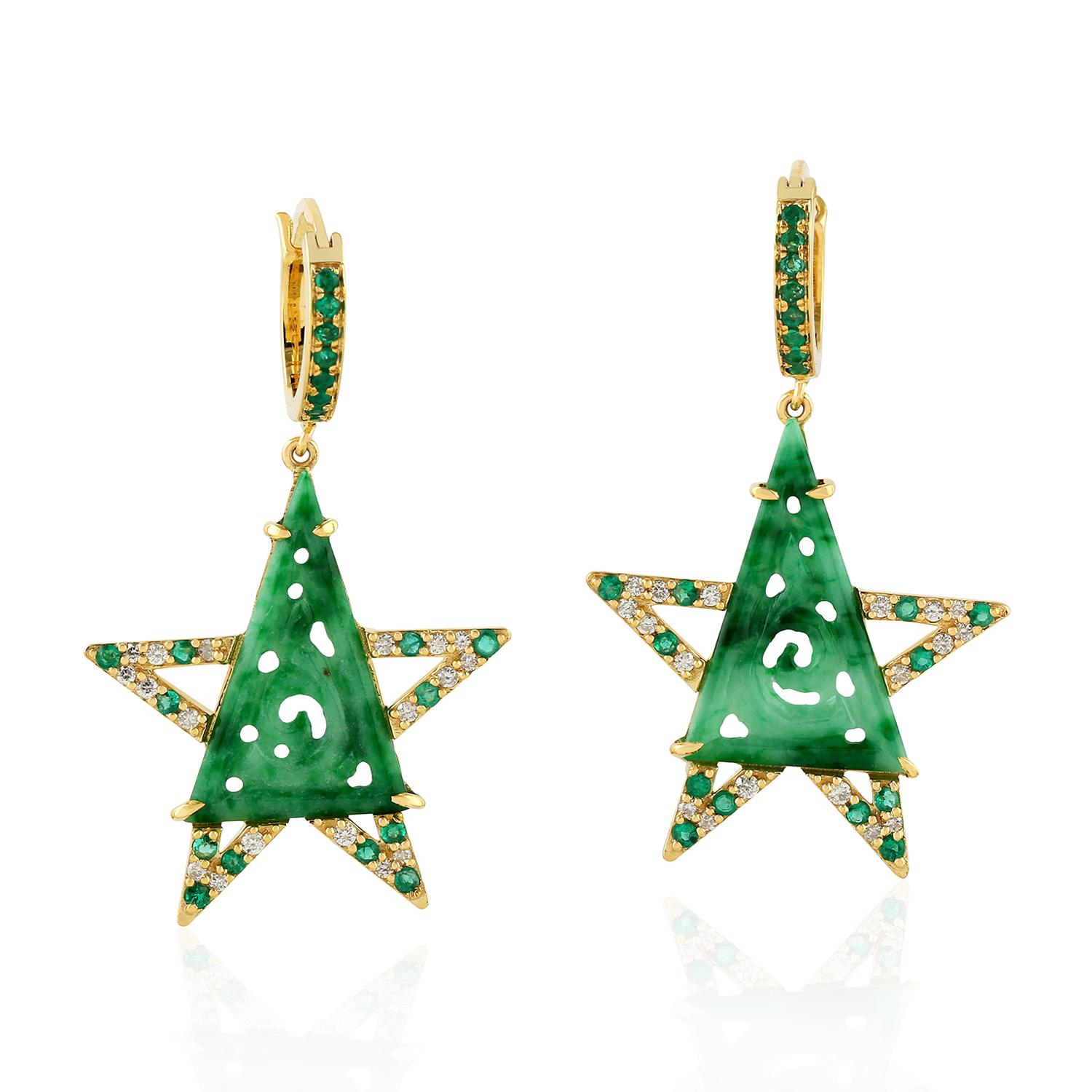 Artisan Carved Jade Emerald 18 Karat Gold Star Diamond Earrings For Sale