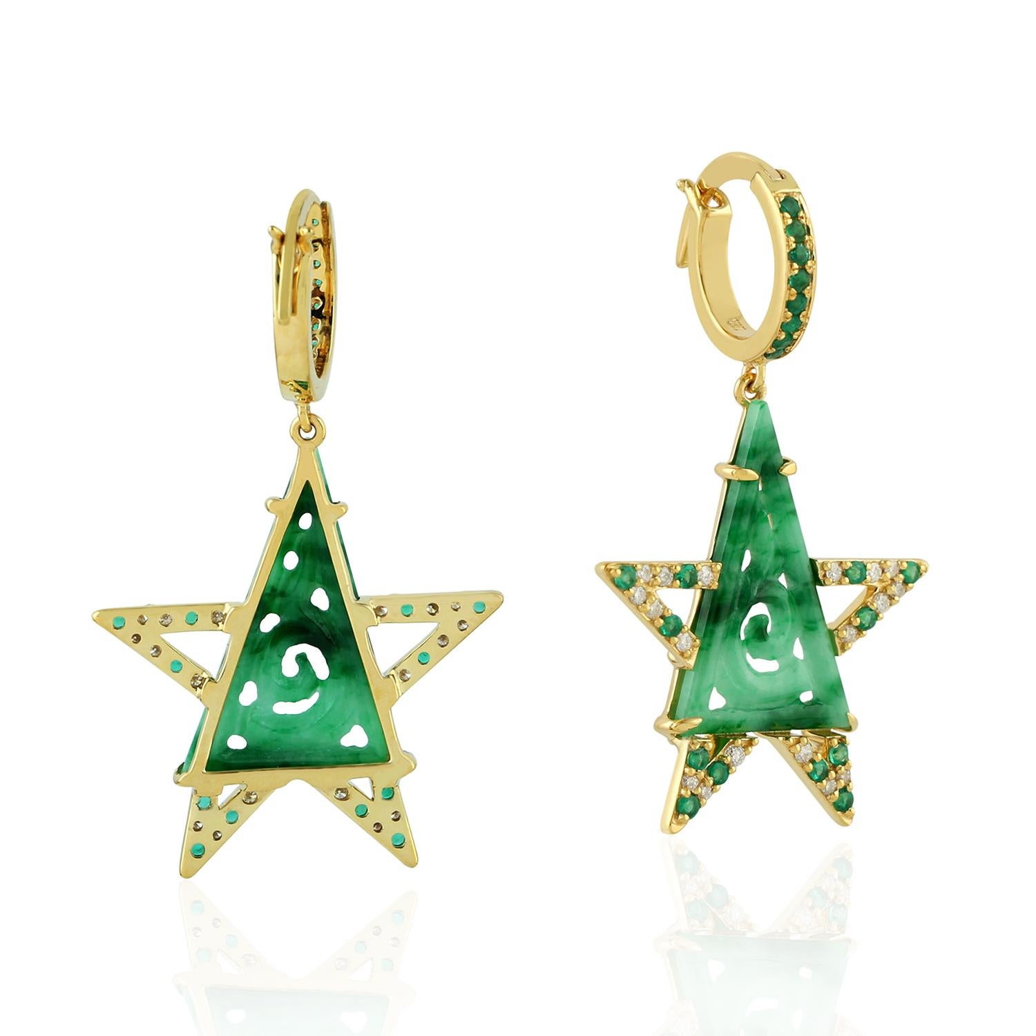 Mixed Cut Carved Jade Emerald 18 Karat Gold Star Diamond Earrings For Sale