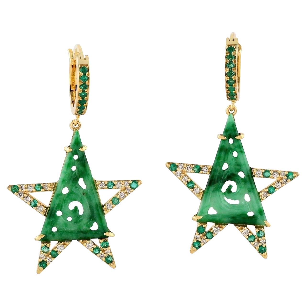 Carved Jade Emerald 18 Karat Gold Star Diamond Earrings For Sale