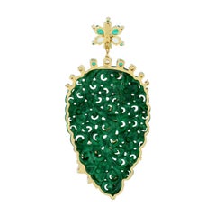 Carved Jade Emerald Diamond 18 Karat Gold Leaf Pendant Necklace