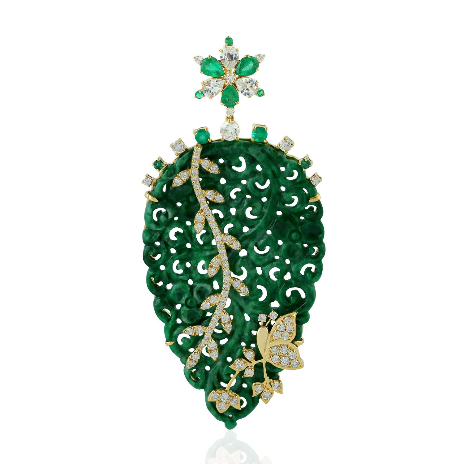 Artisan Carved Jade Emerald Diamond 18 Karat Gold Leaf Pendant Necklace For Sale