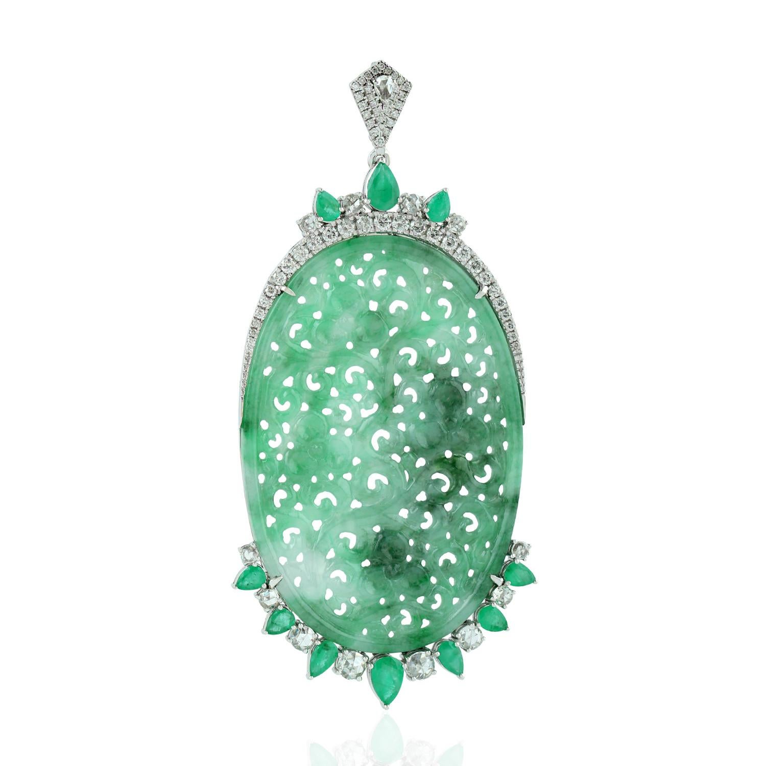 Modern Carved Jade Emerald Diamond 18 Karat Gold Pendant Necklace For Sale