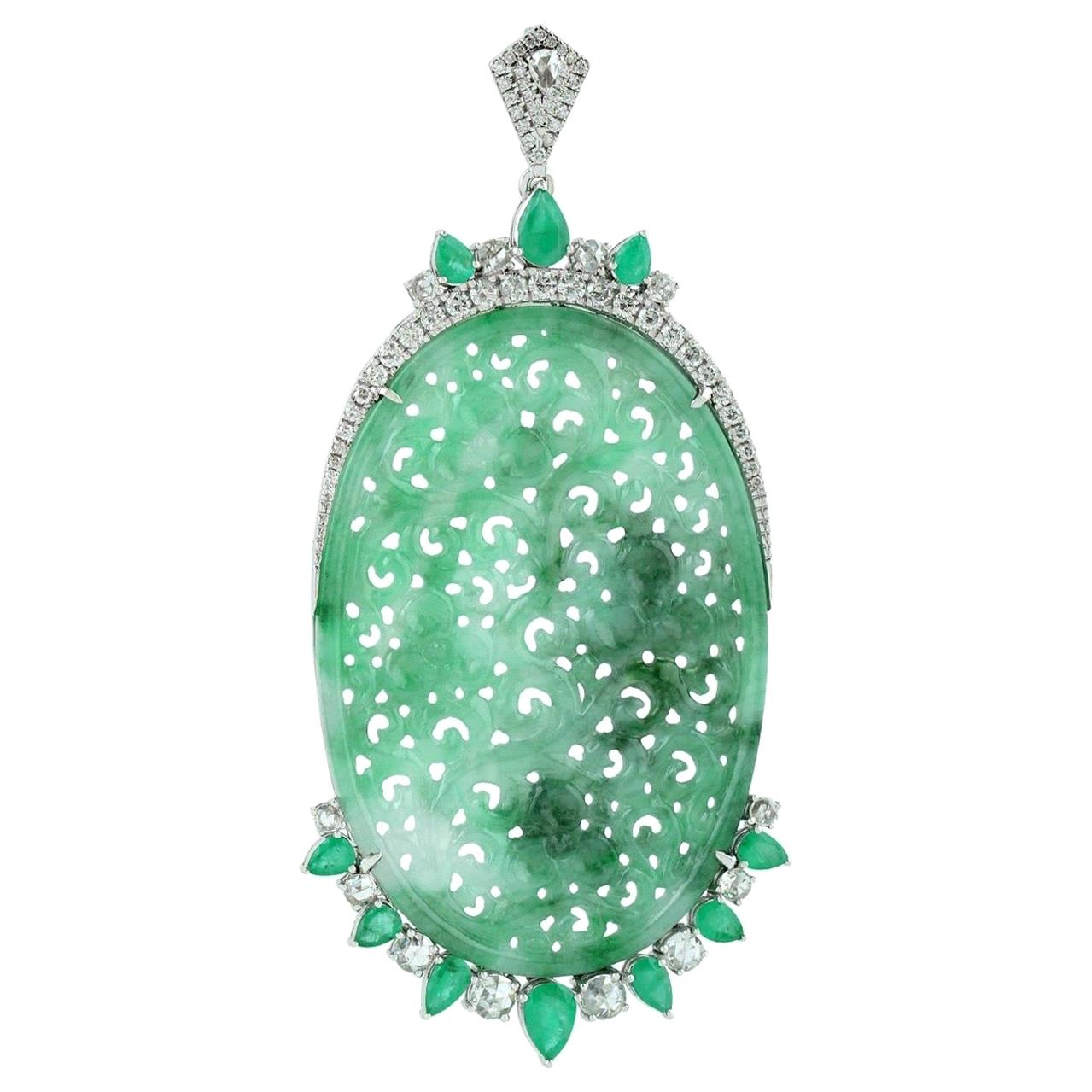 Carved Jade Emerald Diamond 18 Karat Gold Pendant Necklace
