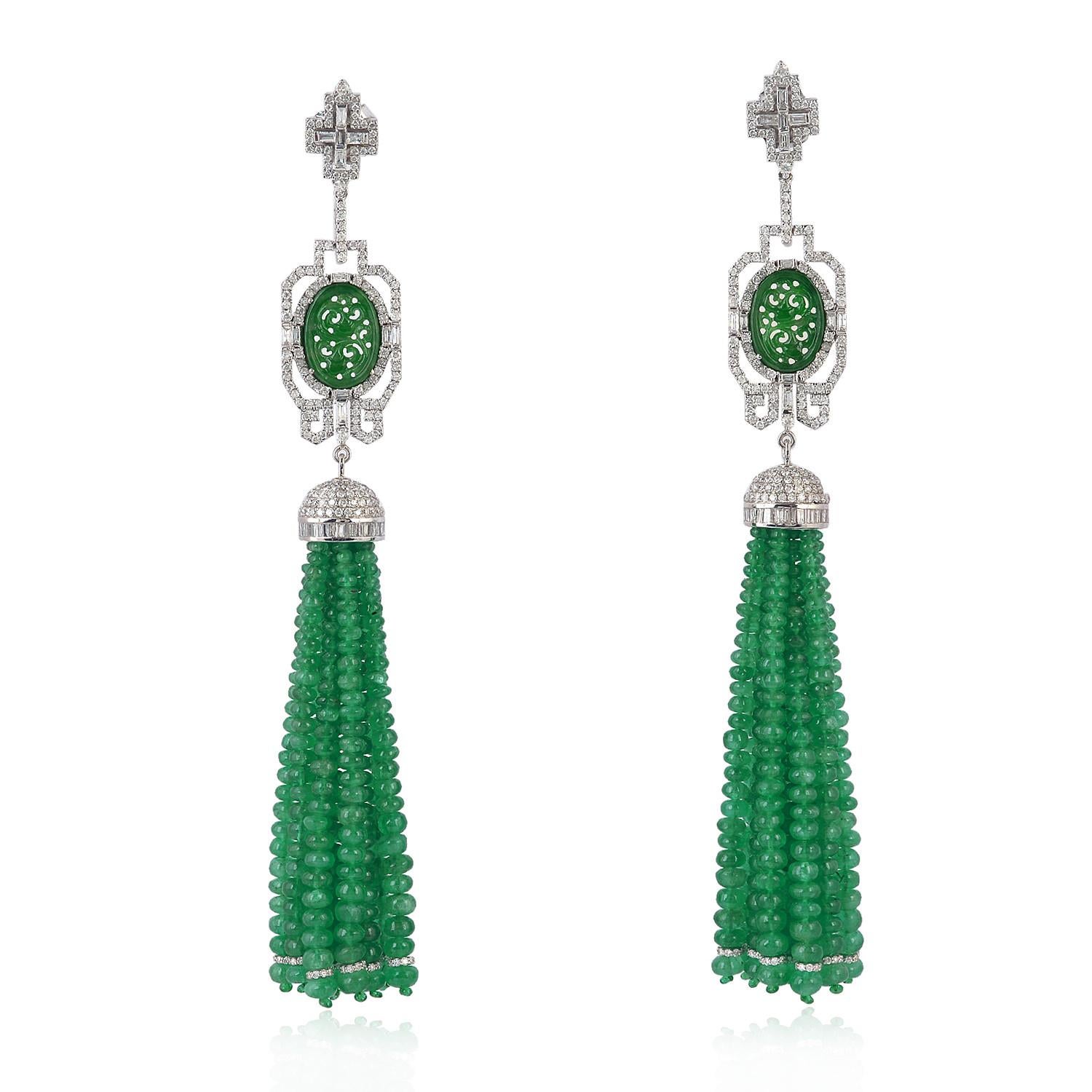 Bead Carved Jade Emerald Diamond 18 Karat Gold Tassel Earrings For Sale