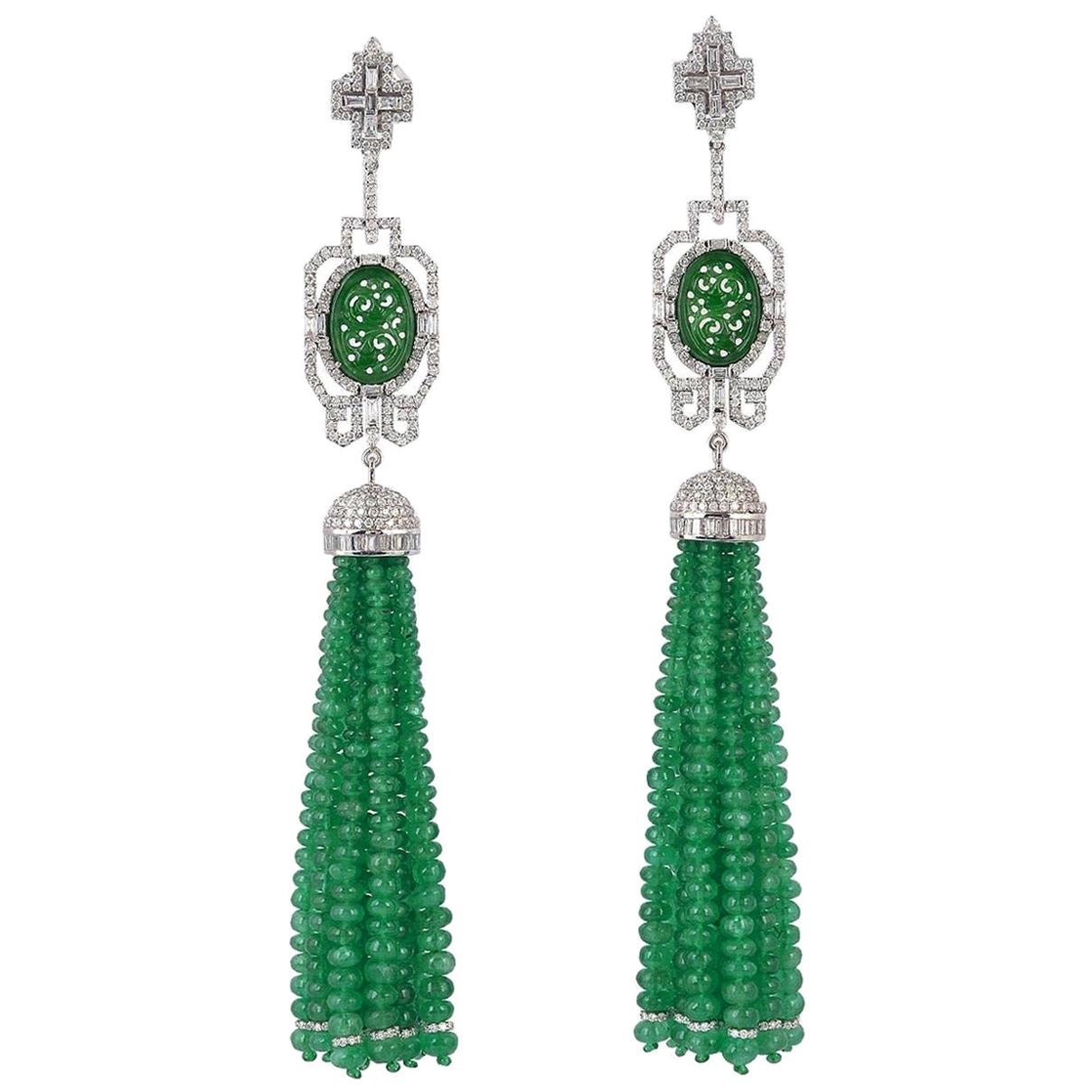 Carved Jade Emerald Diamond 18 Karat Gold Tassel Earrings For Sale