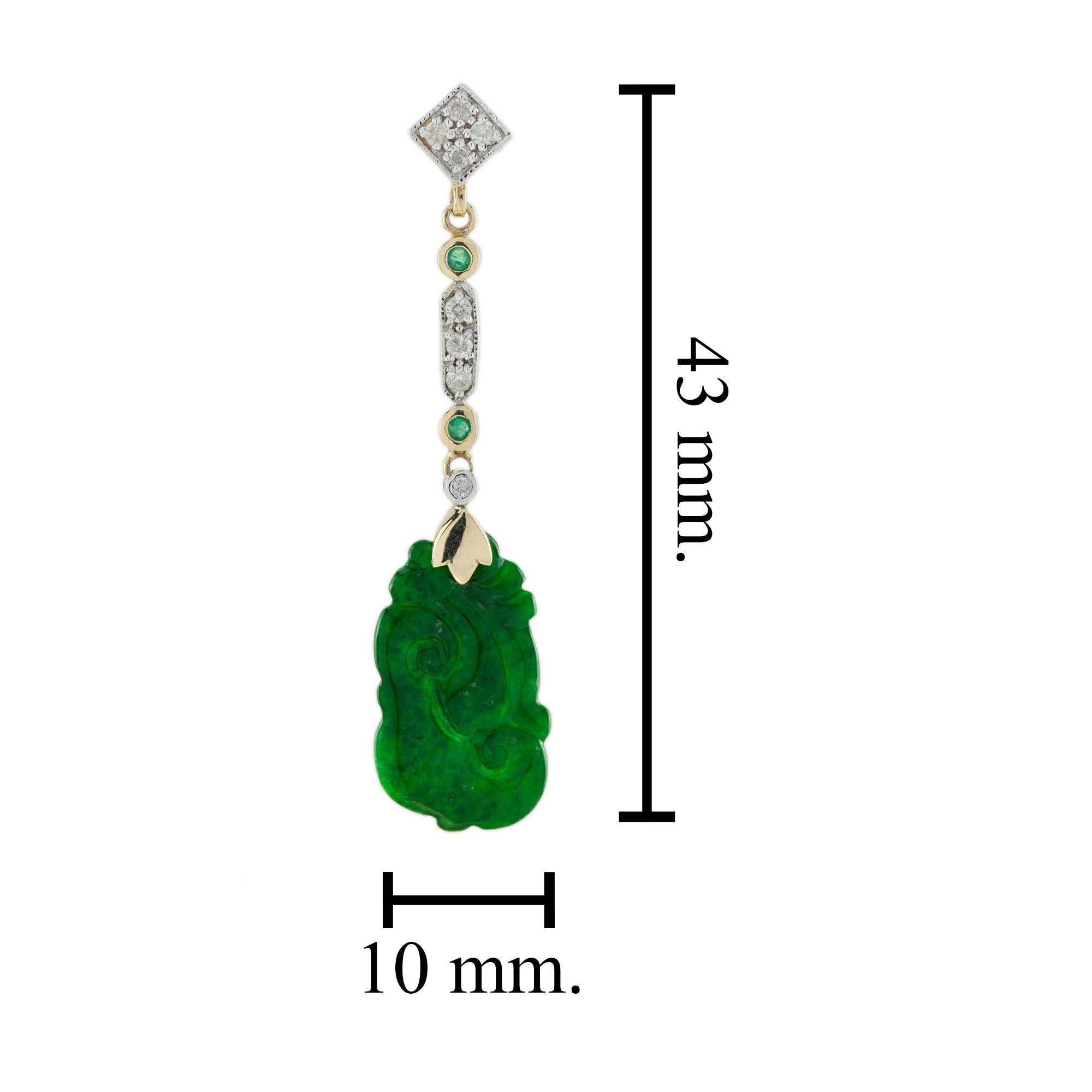 Geschnitzte Jade Smaragd Diamant Vintage Stil baumeln 9K Gold Ohrringe (Rundschliff) im Angebot
