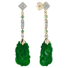 Boucles d'oreilles Jade sculpté Emeraude Diamant Style Vintage Boucles d'oreilles pendantes en or 9K