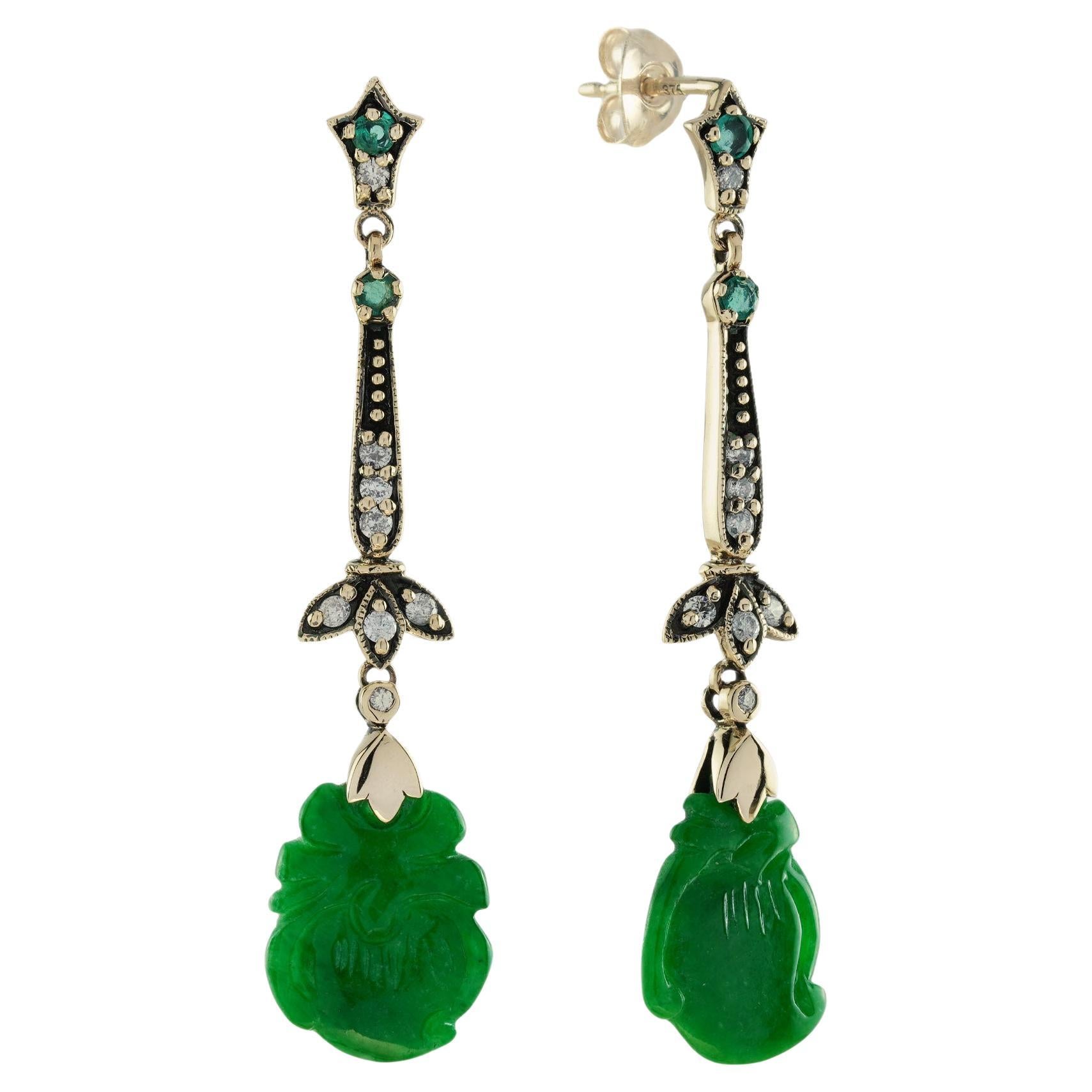 Geschnitzte Jade Smaragd Diamant Vintage Style Ohrringe baumeln