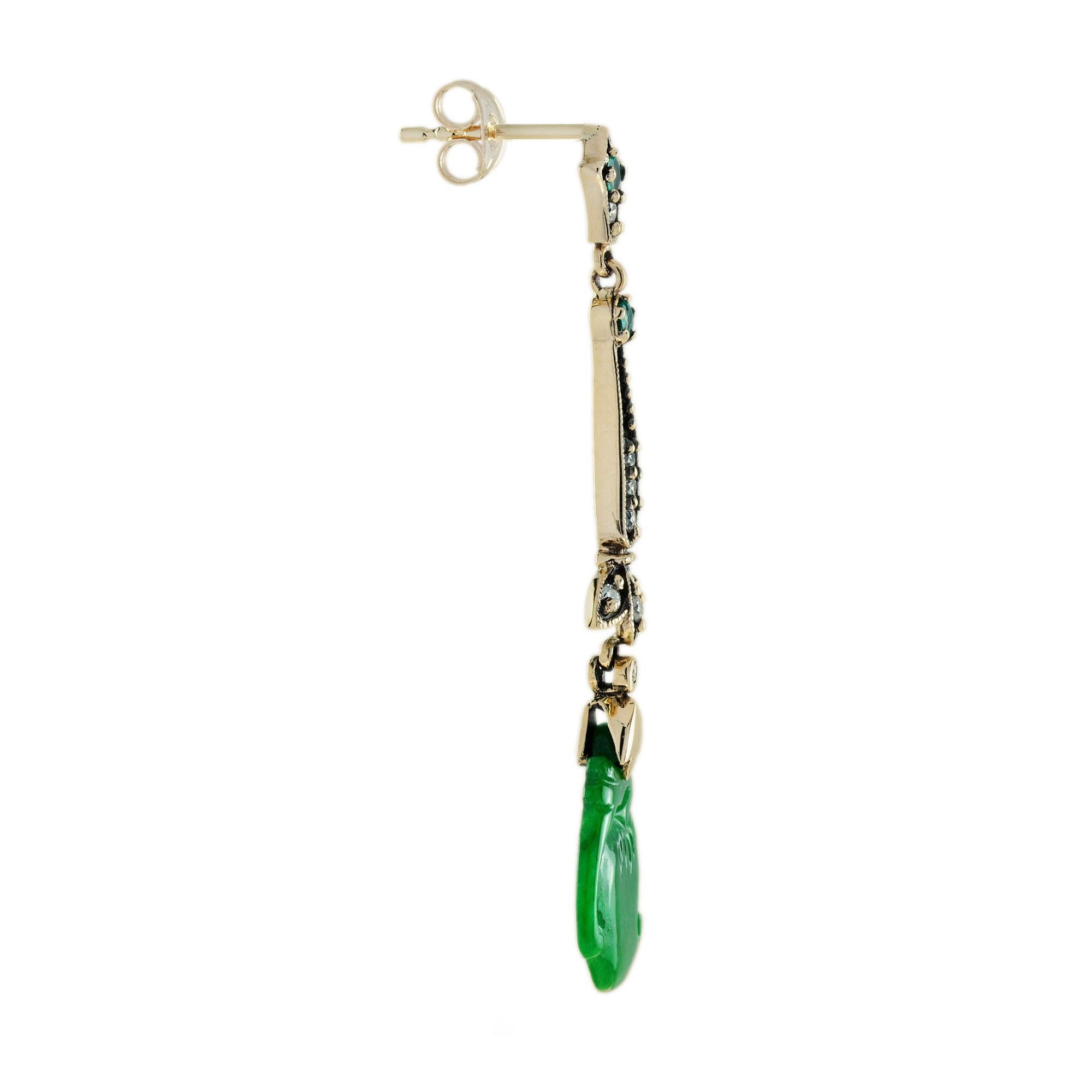 Art Deco Carved Jade Emerald Diamond Vintage Style Dangle Earrings in 9K Yellow Gold For Sale