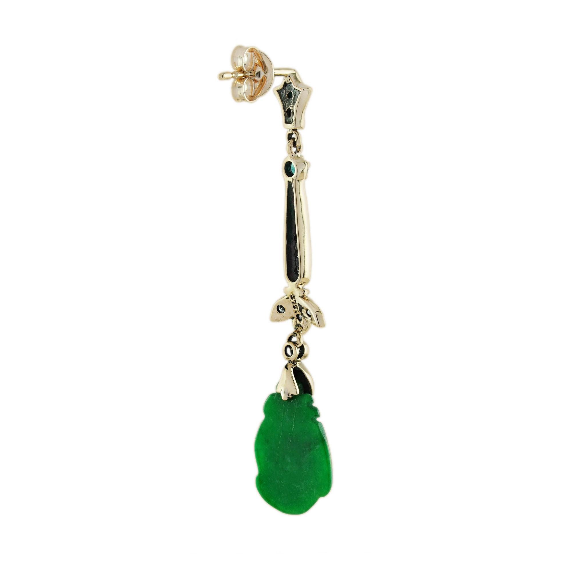 Mixed Cut Carved Jade Emerald Diamond Vintage Style Dangle Earrings in 9K Yellow Gold For Sale