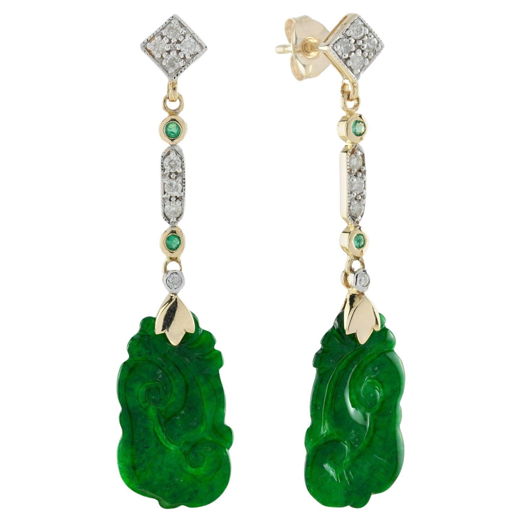 Carved Jade Emerald Diamond Vintage Style Dangle Earrings in 9K Yellow Gold For Sale