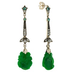 Carved Jade Emerald Diamond Vintage Style Dangle Earrings in 9K Yellow Gold