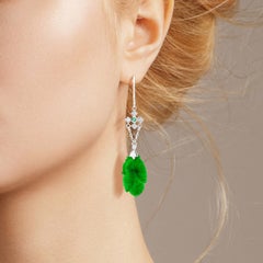 Carved Jade Emerald Diamond Vintage Style Drop Earrings in 9K White Gold