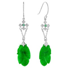 Carved Jade Emerald Diamond Vintage Style Drop Earrings in 9K White Gold