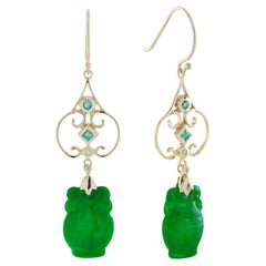 Carved Jade Emerald Diamond Vintage Style Drop Earrings in 9K Yellow Gold