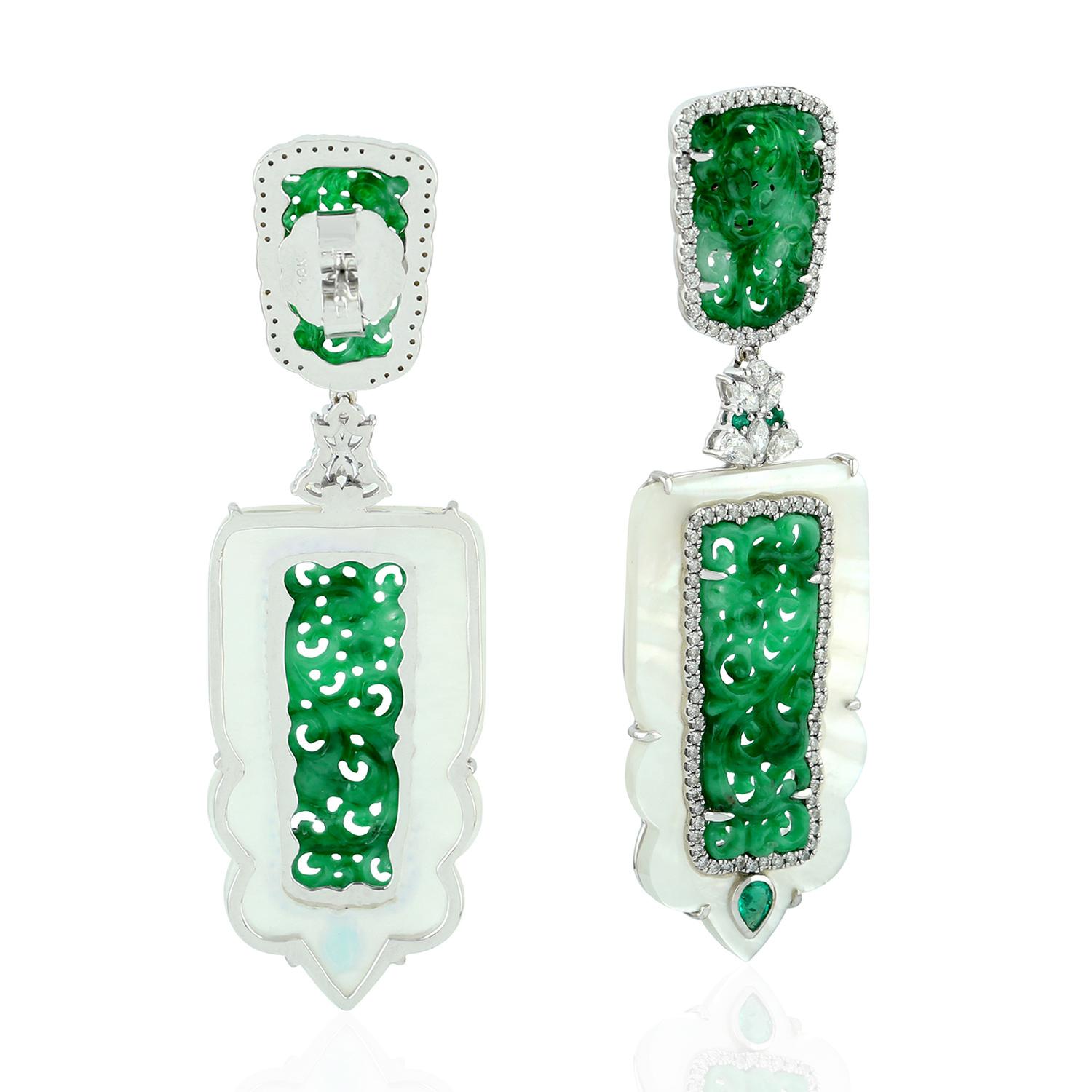 These stunning hand carved Jade earrings are crafted in 18-karat white gold. It is set in 13.32 carats Jade, .34 carats emerald, mother of pearl and 1.49 carats of sparkling diamonds.

FOLLOW  MEGHNA JEWELS storefront to view the latest collection &