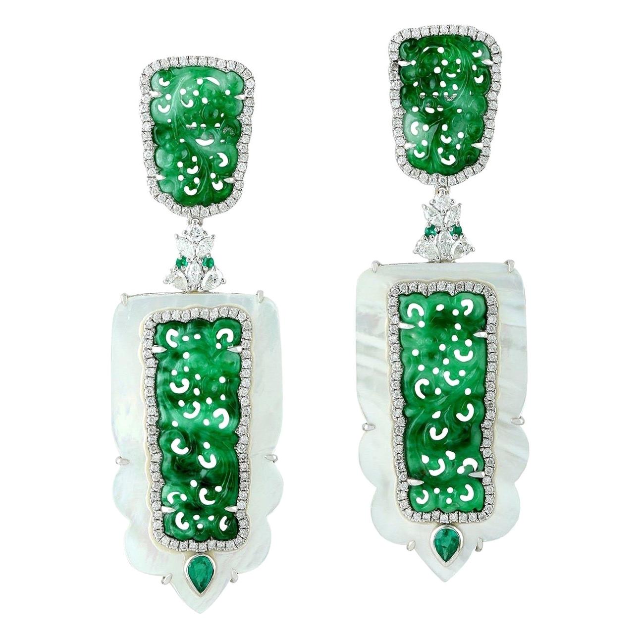 Carved Jade Emerald Mother of Pearl 18 Karat Gold Diamond Earrings 