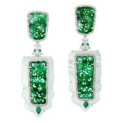 Carved Jade Emerald Mother of Pearl 18 Karat Gold Diamond Earrings 