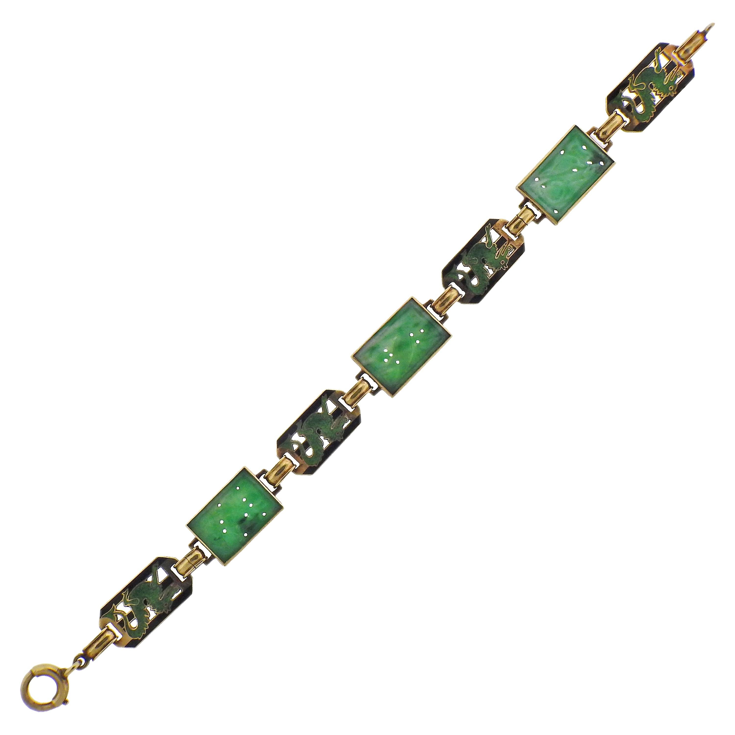 Carved Jade Enamel Dragon Gold Bracelet For Sale