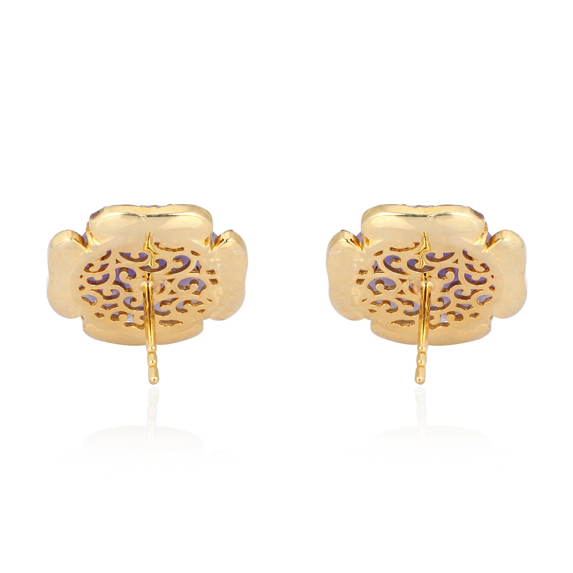 Cast from 18-karat and sterling silver, these beautiful floral carved stud earrings are hand set with 10.79 carats Jade and with .64 carats of sparkling diamonds. 

FOLLOW  MEGHNA JEWELS storefront to view the latest collection & exclusive pieces. 