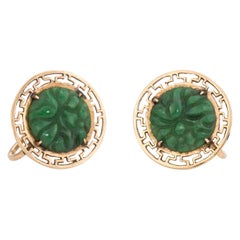 Carved Jade Flower Earrings Vintage 14 Karat Gold Estate Jewelry Screw Backing