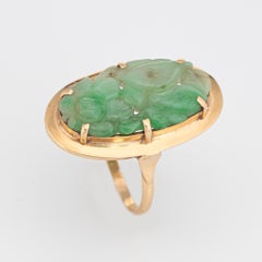 Carved Jade Flower Ring Vintage 14k Yellow Gold Oval Cocktail Jewelry