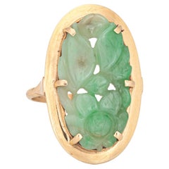 Carved Jade Flower Ring Vintage 14k Yellow Gold Oval Cocktail Jewelry