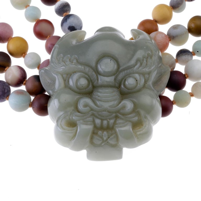 Carved Jade Fu Dog Necklace Moakite 18 Karat Gold For Sale at 1stDibs