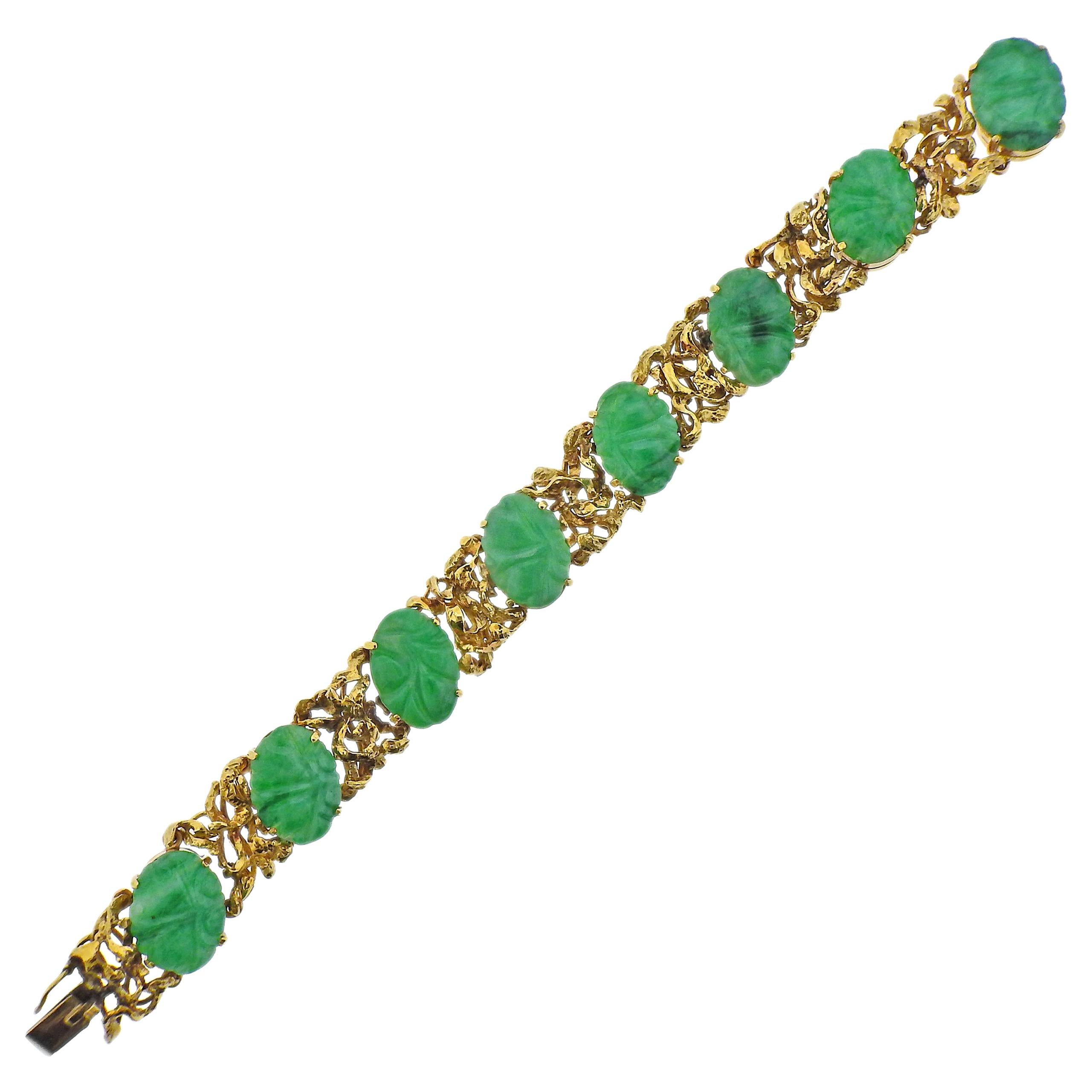 Carved Jade Gold Bracelet For Sale
