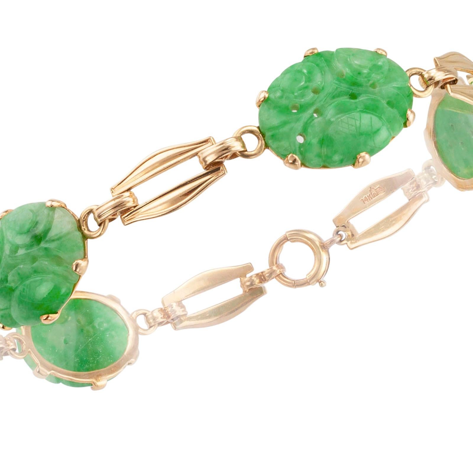 Modern Carved Jade Gold Link Bracelet
