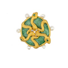 Carved Jade, Gold Serpent, and Pearl Brooch