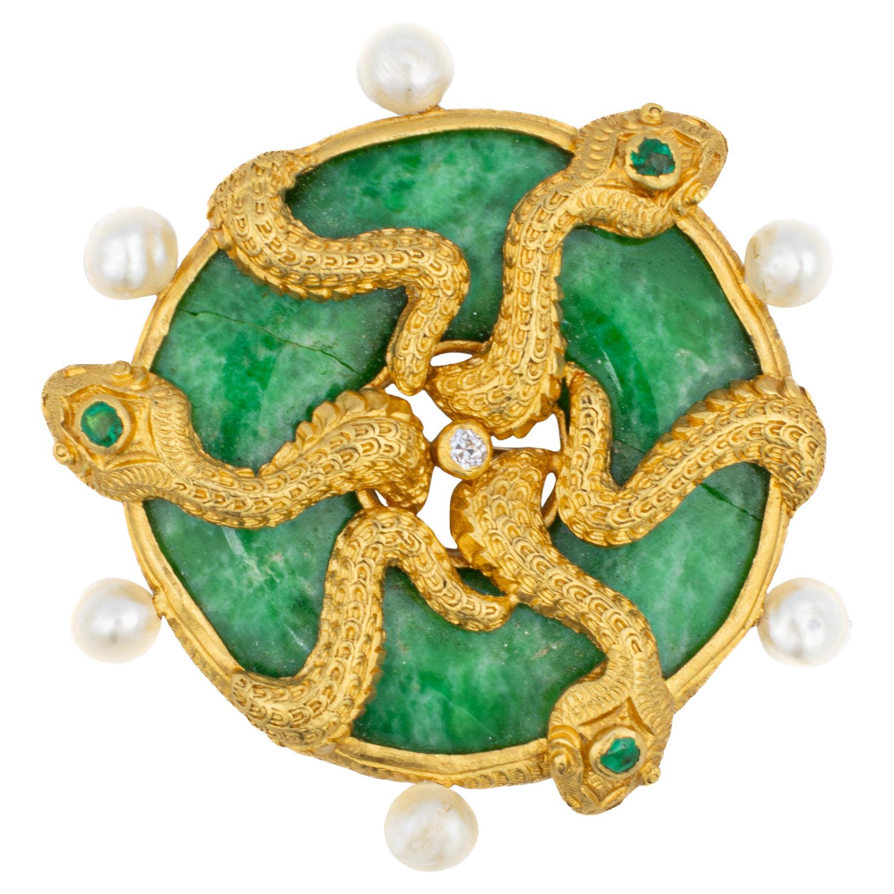 Carved Jade, Gold Serpent, and Pearl Brooch
