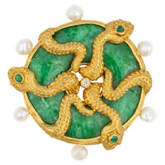 Carved Jade, Gold Serpent, and Pearl Brooch