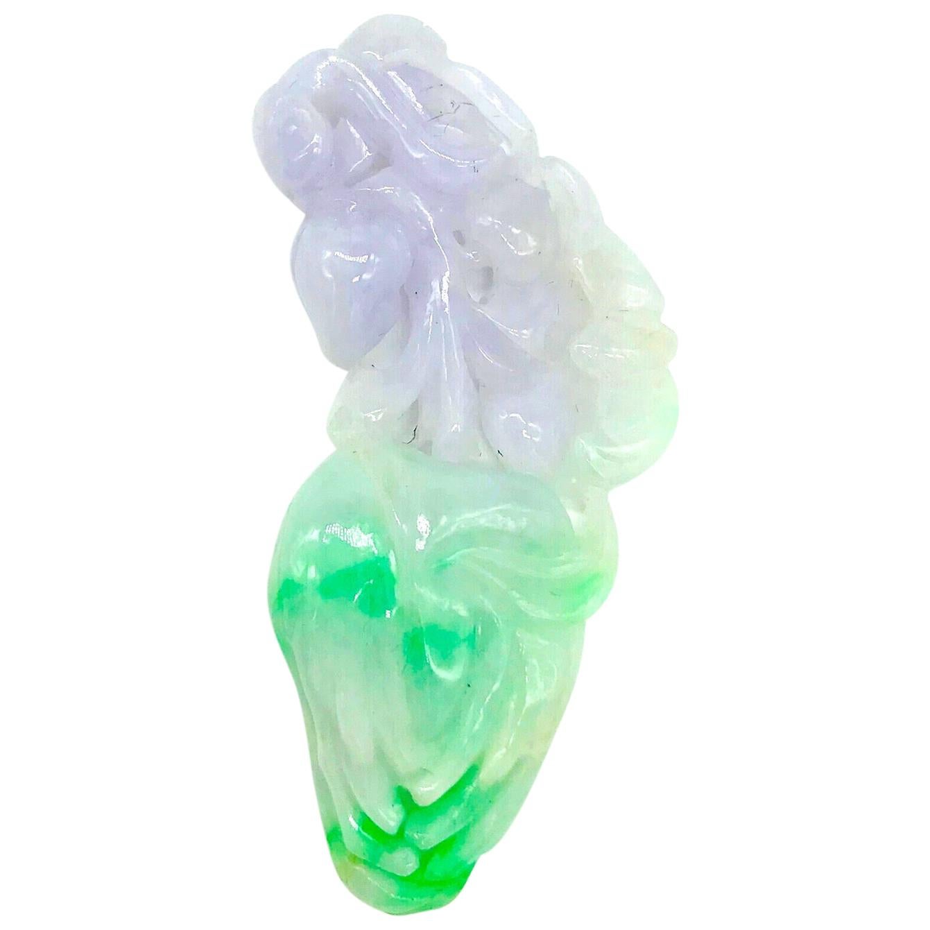 Carved, Jade Green and Purple Pendant For Sale