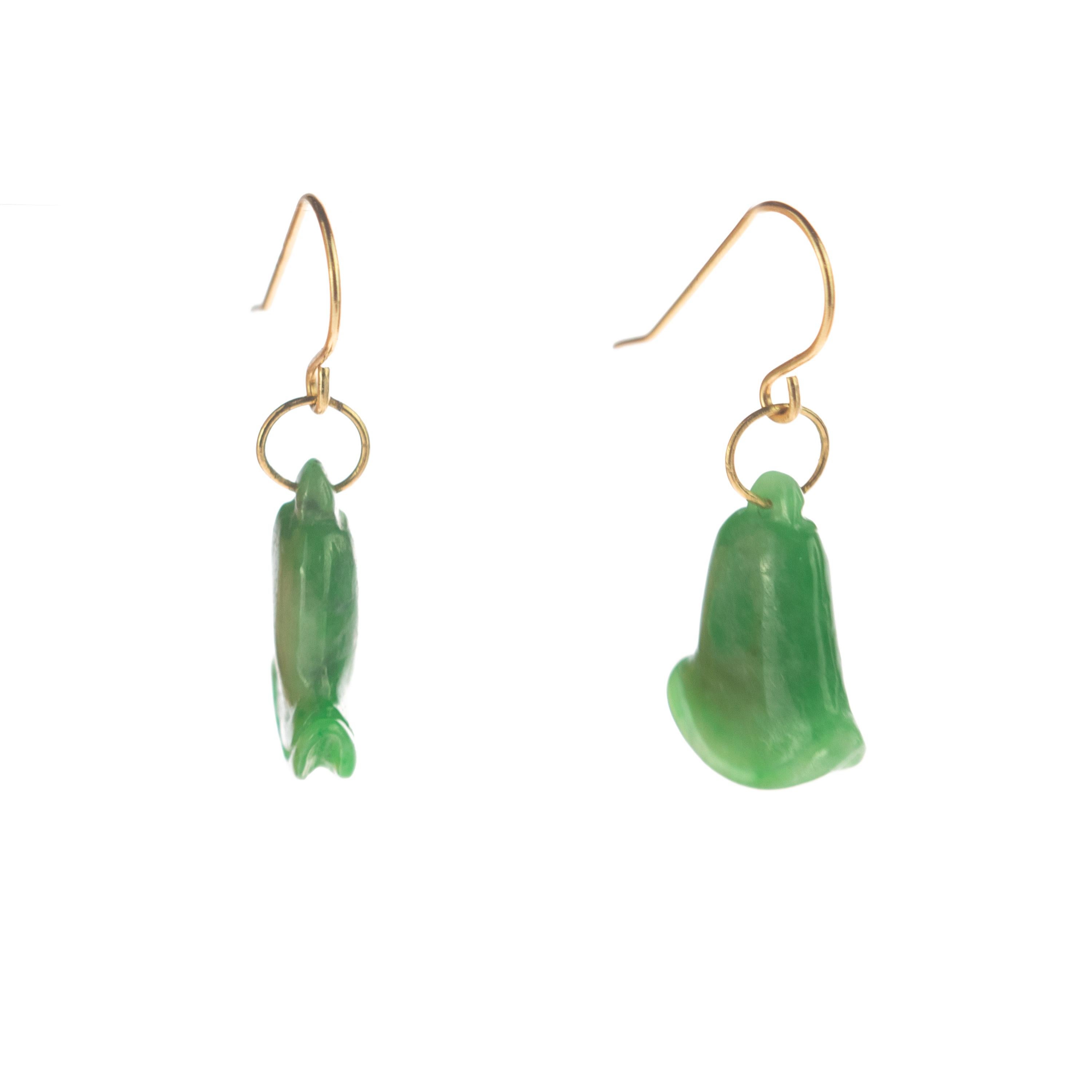 Arts and Crafts Carved Jade Green Bells 18 Karat Yellow Gold Crafted Dangle Drop Chic Earrings For Sale