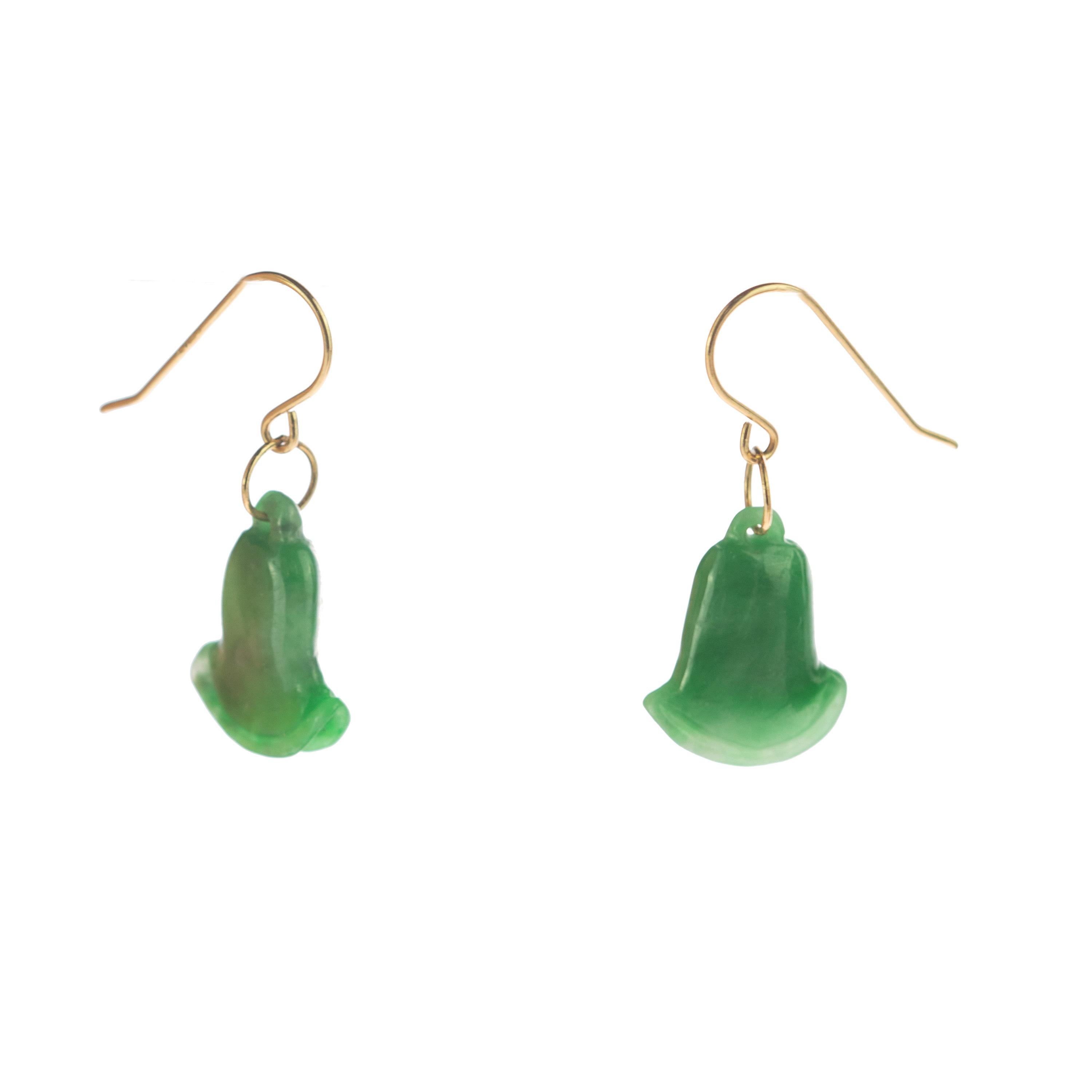 Women's or Men's Carved Jade Green Bells 18 Karat Yellow Gold Crafted Dangle Drop Chic Earrings For Sale