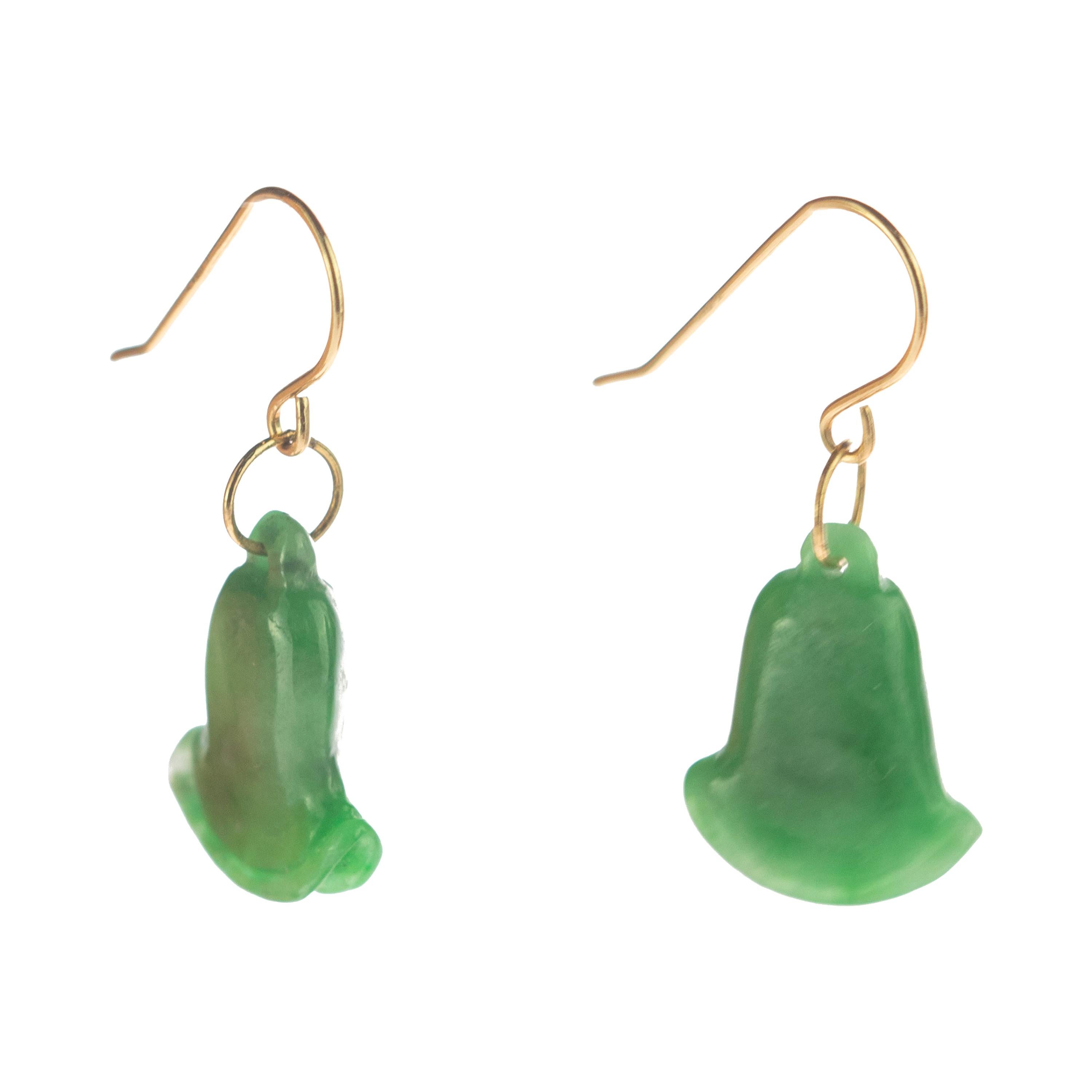 Carved Jade Green Bells 18 Karat Yellow Gold Crafted Dangle Drop Chic Earrings For Sale