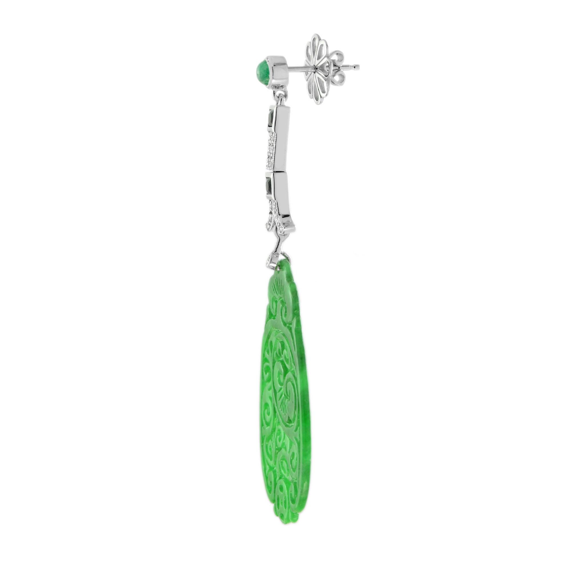 French Cut Carved Jade & Green Emerald Onyx Diamond Dangle 14K White Gold Earrings For Sale