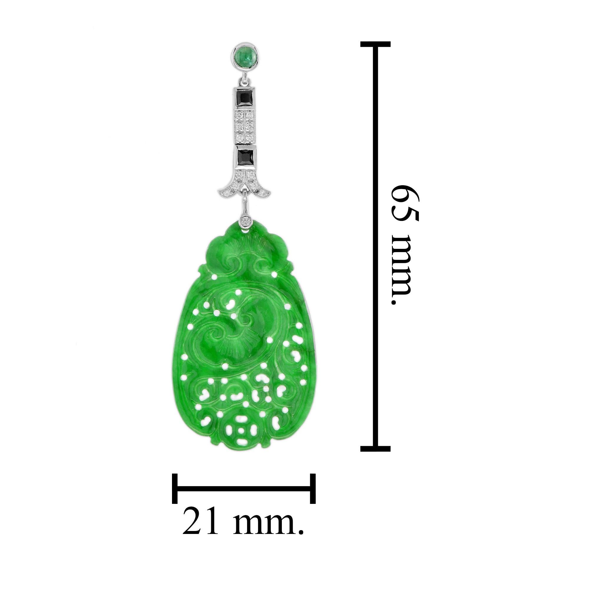 Carved Jade & Green Emerald Onyx Diamond Dangle 14K White Gold Earrings In New Condition For Sale In Oakton, VA