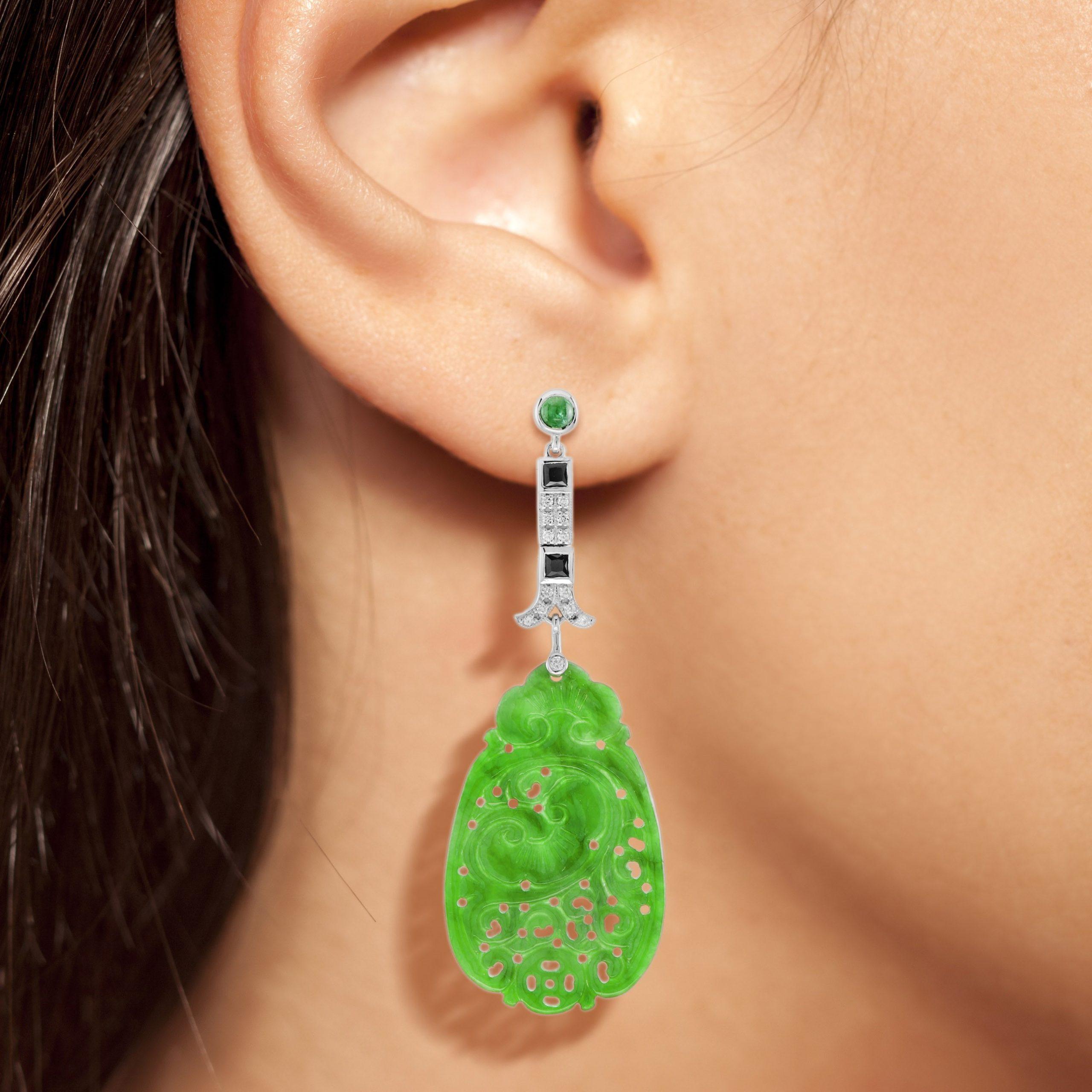 Women's Carved Jade & Green Emerald Onyx Diamond Dangle 14K White Gold Earrings For Sale
