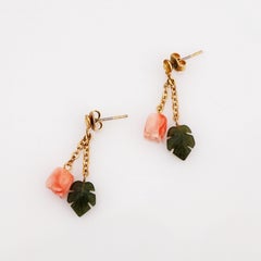 Carved Jade Leaf and Angel Skin Coral Rose Bud Flower Dangle Earrings, 1960s