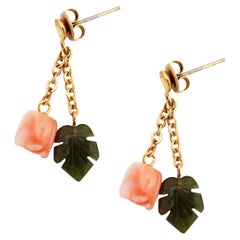 Carved Jade Leaf and Angel Skin Coral Rose Bud Flower Dangle Earrings, 1960s