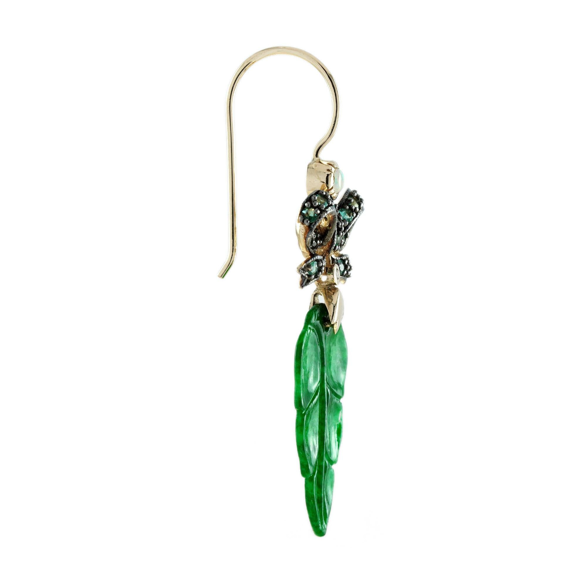 Art Deco Carved Jade Leaf and Emerald Bow Edwardian Style Drop Earrings in 9K Gold For Sale