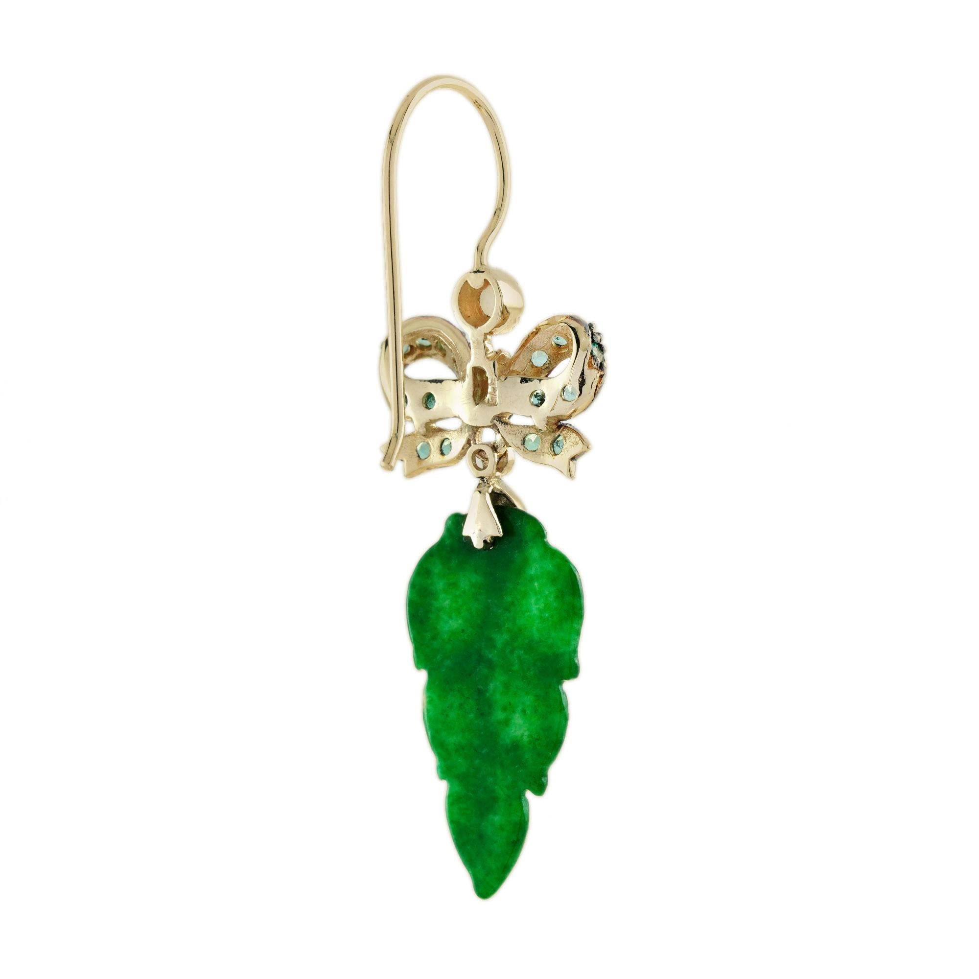 Oval Cut Carved Jade Leaf and Emerald Bow Edwardian Style Drop Earrings in 9K Gold For Sale