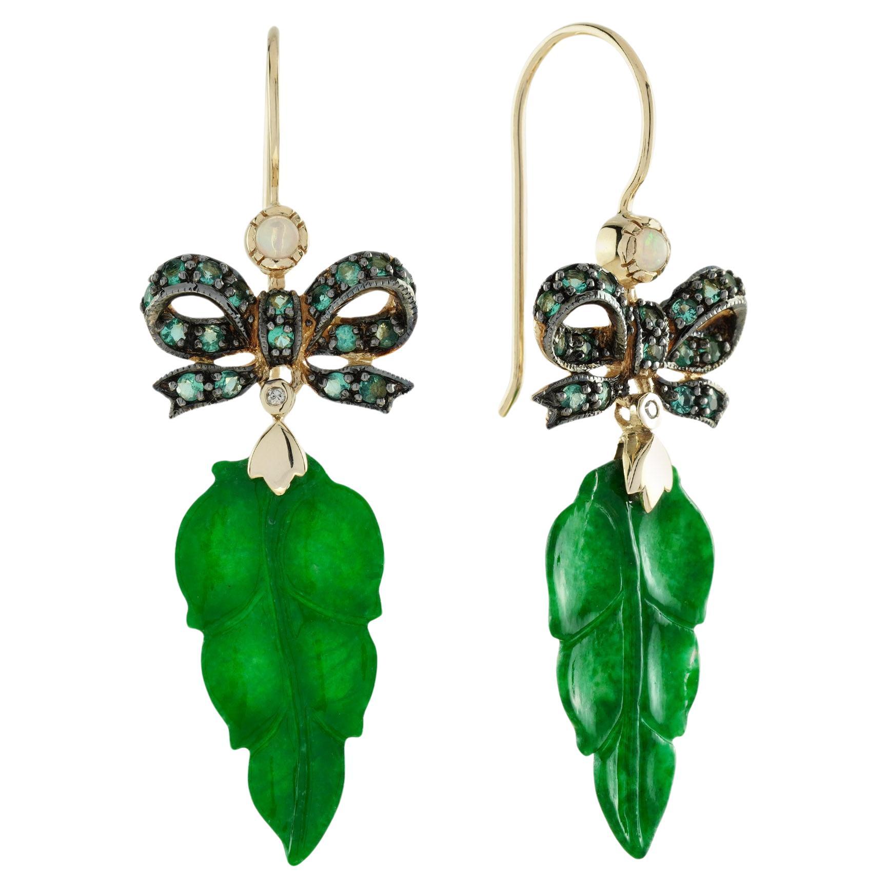 Carved Jade Leaf and Emerald Bow Edwardian Style Drop Earrings in 9K Gold For Sale