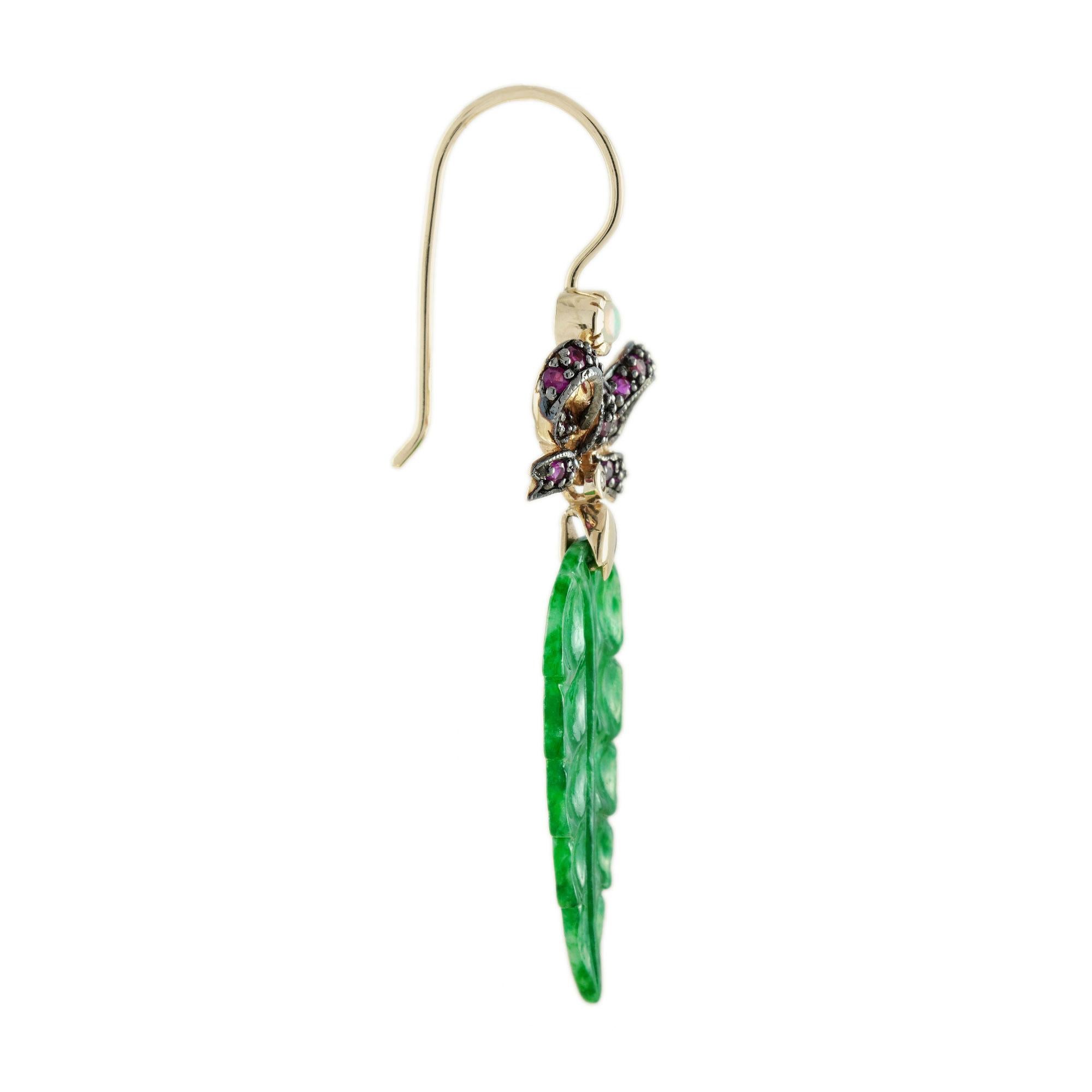 Art Deco Carved Jade Leaf & Ruby Bow Edwardian Style Drop 9K Yellow Gold Earrings For Sale