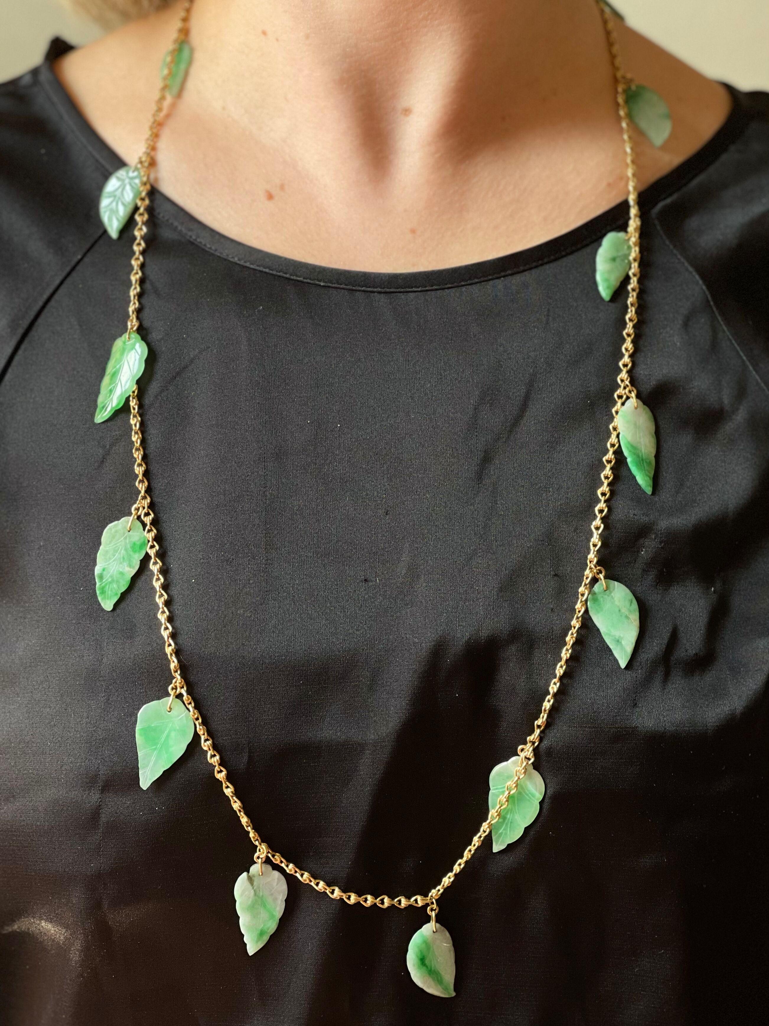 Oval Cut Carved Jade Leave Motif Gold Long Chain Necklace For Sale