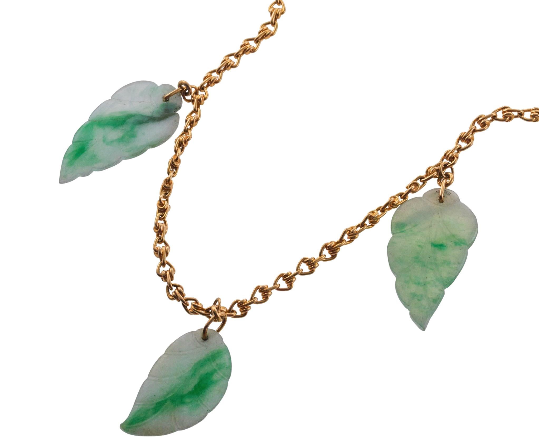 Women's Carved Jade Leave Motif Gold Long Chain Necklace For Sale
