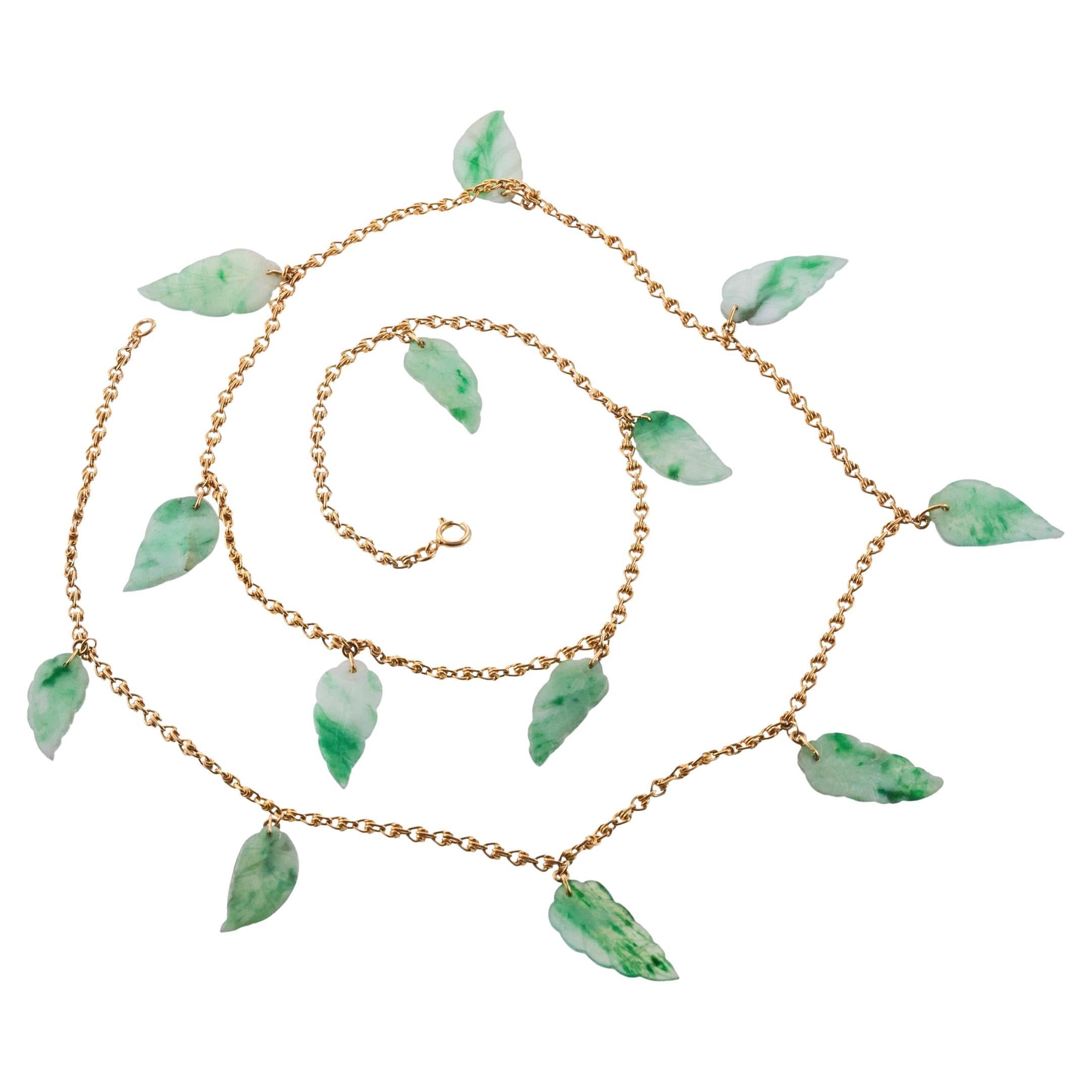 Carved Jade Leave Motif Gold Long Chain Necklace For Sale