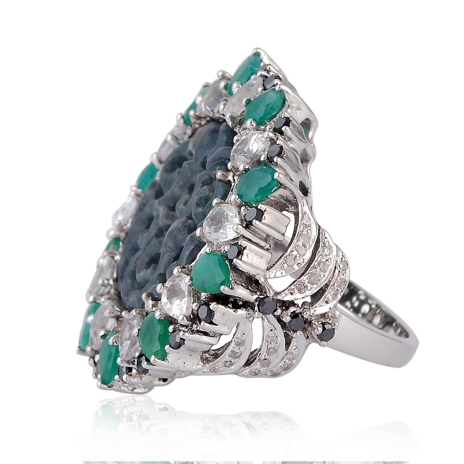 Art Nouveau Carved Jade Multi Gemstone Ring with Diamonds Made in 18k Gold & Silver For Sale